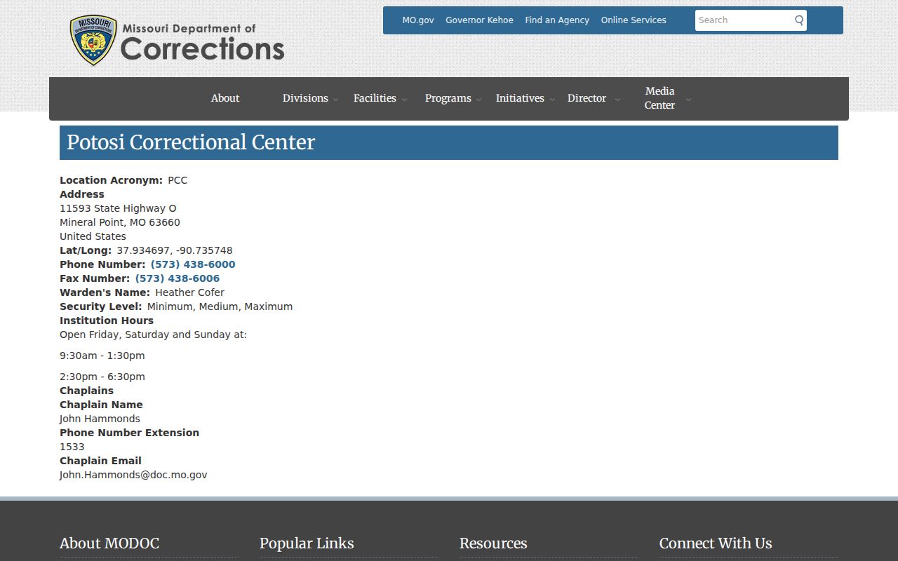 Mineral Point criminal records source for Potosi Correctional Center state prison