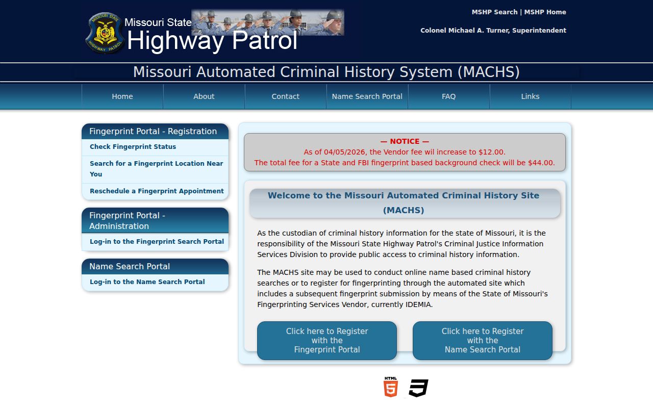 Washington County criminal history MACHS fingerprint portal