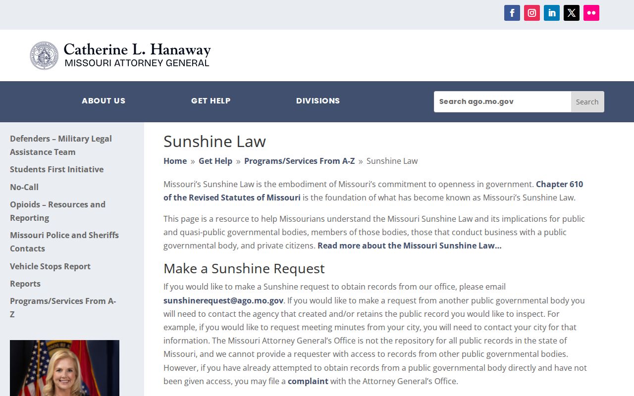 Washington County arrest records Missouri Sunshine Law request guidance